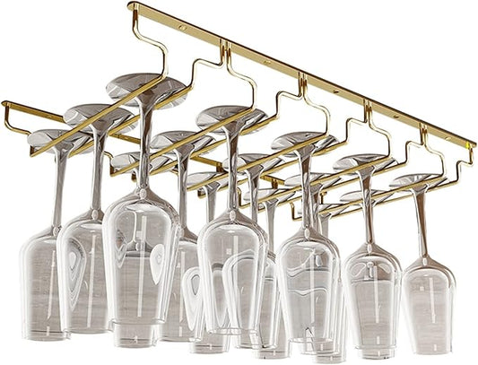 V3VOGUE Wine Glass Rack, Under Cabinet Stemware Wine Glass Holder, Glasses Storage Hanger, Hanging Stemware Display Rack, Perfect for Home, Storage Rack, Bar, Cellar, Cabine - Gold (Size : 5Row)