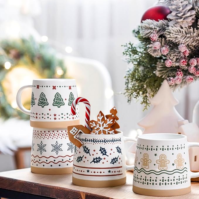 Homlouue Christmas Mugs Set of 4, Merry Christmas Mugs, Holiday Mug, Holiday Coffee Mugs, Xmas Gifts for Friends Family Coworker, 14 Oz