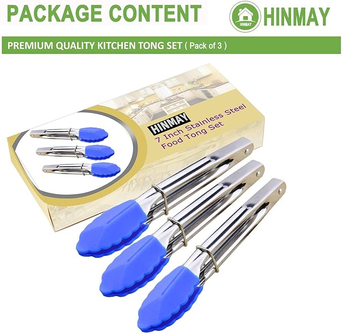 HINMAY Small Tongs with Silicone Tips 7-Inch Serving Tongs, Set of 3 (Blue)