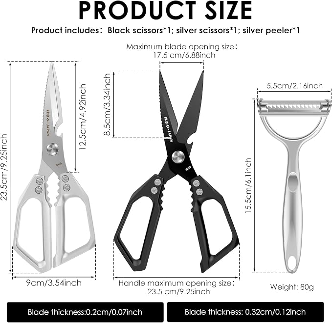 3Pcs Kitchen Shears and Vegetable Peeler Set, Heavy Duty Poultry Shears, Japanese Kitchen Scissors All Purpose, Food Cooking Scissors for Meat, Chicken Bones, Turkey, and Fish, Dishwasher Safe