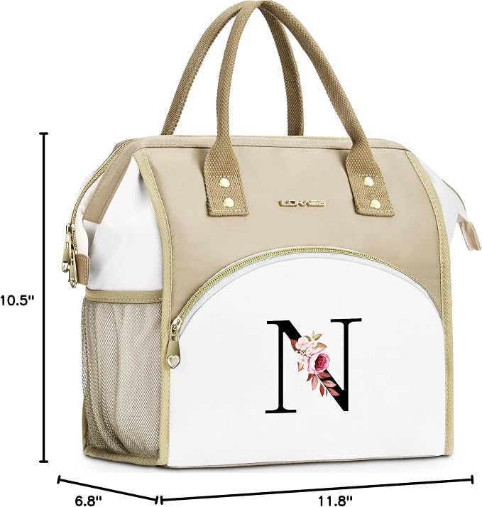 Initial Lunch Bag Women, Cooler Insulated Lunch Bag, Large Adult Leakproof Lunch Box for Picnic Work, Personalized Tote Bag, Birthday Gifts/Mother's Day Gifts, Letter N.