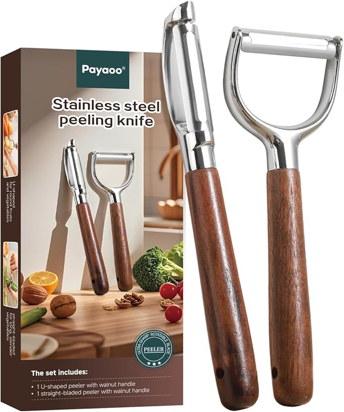 Vegetable Peeler Set, 2-Pack Potato Peelers (Straight + Y Peeler), Swivel Blades, Sharp Stainless Steel, Walnut Wood Handle, Fruit & Veggie Peeler for Kitchen