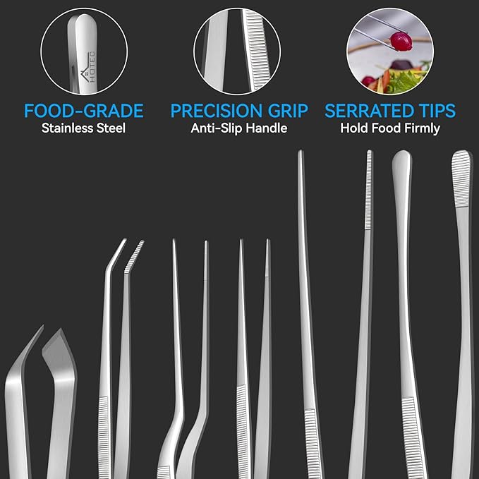 HOTEC Kitchen Tweezers Tongs Stainless Steel, Set of 6 - Professional Cooking Tweezers for Cooking, Chefs, BBQ, Seafood, Baking & Repair