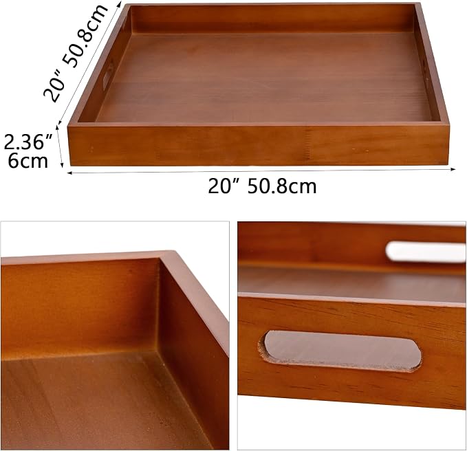 20 Inch Extra Large Square Serving Tray HeavyDuty Pine Wood Tray for Oversized Ottoman Coffee Table and Counter Giant Decorative Organizational Tray Extensive Kitchen Serveware