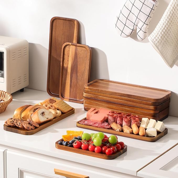 Acacia Wood Serving Platters and Trays - 14" x 5.5" Wooden Mini Charcuterie Boards, Small Cheese Board, Rectangle Wooden Tray for Kitchen Counter, Bathroom, Home Decor, Party (10, 14"X5.5")