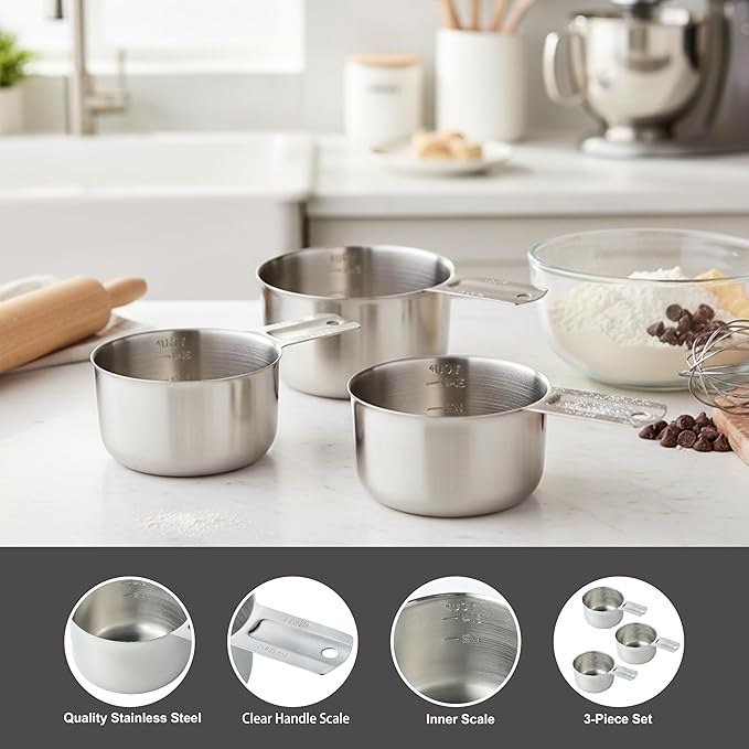 3PCS Measuring Cup, HIA 1 Cup Stainless Steel Metal Measuring Cups with Ergonomic Handle, Great for Wet and Dry Ingredients