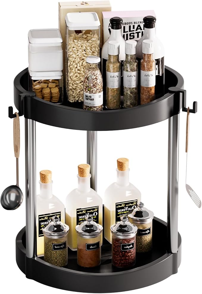 10.01" 2-Tier 360°Rotating Lazy Susan turntable Organizer Spice Rack Organization for Kitchen countertop and Cabinet pantry Organizers and storage(1Black, Extra Large)