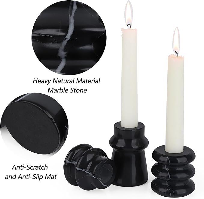 Vixdonos Marble Candle Holder Set of 3 Taper Candle Candlestick Mantle Candle Stand for Home Decor,Wedding,Party and Table Centerpieces(Black)