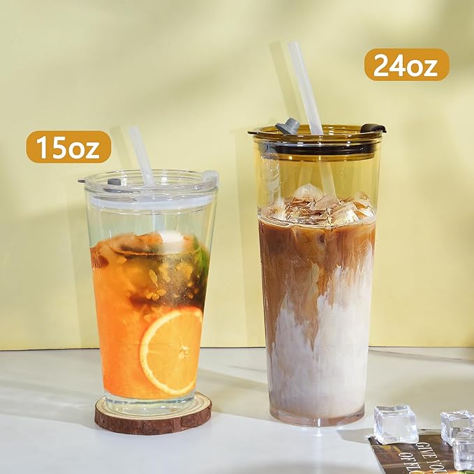 15oz Iced Coffee Glass Cup with Lid and Straw Thick Leak Proof Drinking Glasses Tumbler Set of 2 for Gift Cold Drink Smoothie Boba Tea(Clear*2)