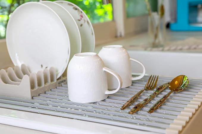 Large Aluminum Roll Up Dish Drying Rack (20.5" x 13") - Fits Sinks up to 19.5 Inches, Heavy Duty Square Bar, Rust-Proof & Heat Resistant with Removable Dish Holder (Beige Large)