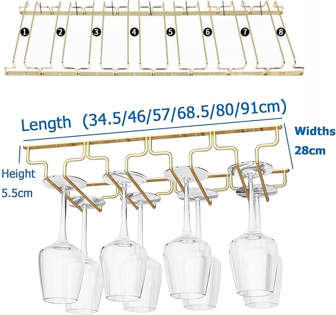 SAGIDAR Hanging Wine Glasses Metal Rack, Wine Glass Rack Under Cabinet, Stainless Steel Stemware Rack, Width 18/22.5/28cm, Sturdy and Durable, Long Stem Glass Holders