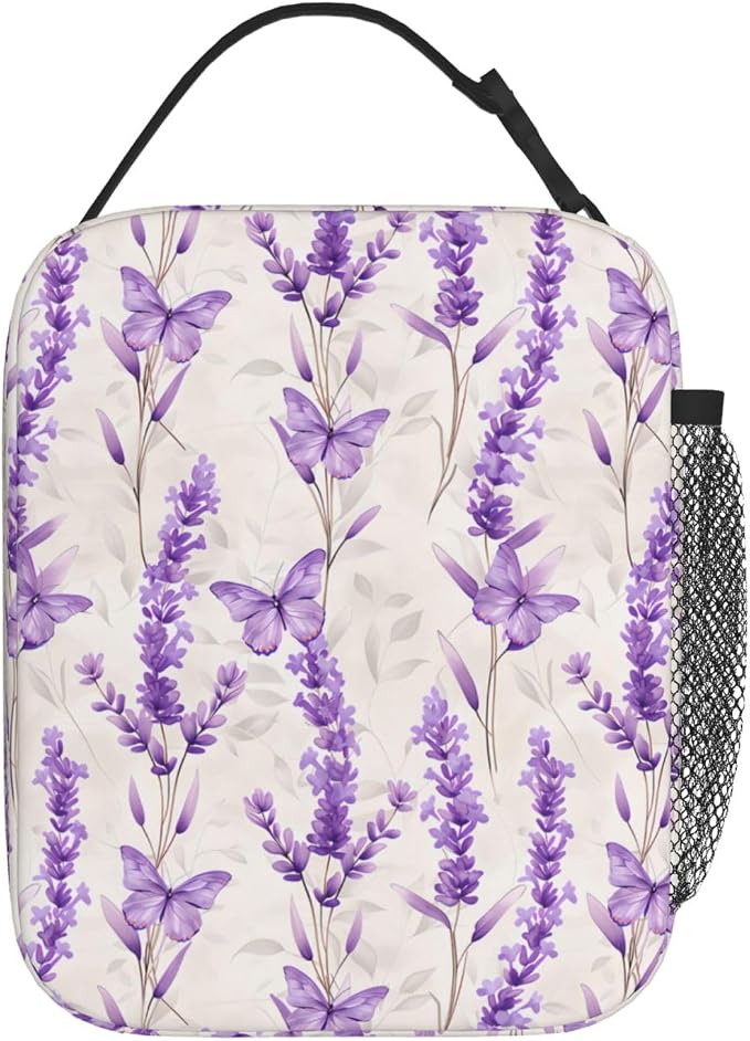 Reusable Lavender Lunch Box for Kids Girls Boys Women Adult, Insulated Floral Butterfly Lunch Bag,Polyester Cooler Flower Handbags Case for School Picnic Work Travel Beach or Hiking