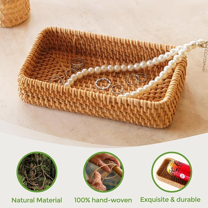 Small Rattan Serving Tray, Natural Wicker Decorative Tray Handwoven for Keys Trinkets Rings Cosmetics, Decorative Jewelry Perfume Tray for Coffee Table Entryway Living Room(8.2" × 4.3")