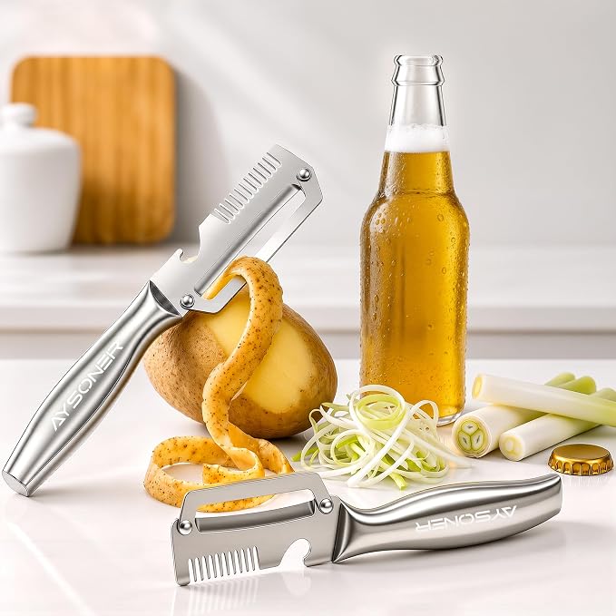 Aysoner Kitchen Multifunctional Vegetable Peeler: 3-in-1 Fast Food Prepare | 2pcs Peels in Seconds with Shredder Bottle Opener - Full Stainless Steel Dishwasher Safe - Comfy Non-slip Grip for Home Chef