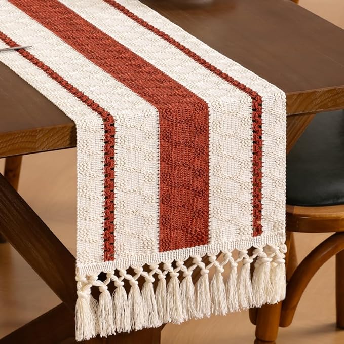 Boho Woven Cotton Linen Table Runner Terracotta & Ivory 11"x60" with Tassels Rustic Macrame Farmhouse Table Runner for Summer Dining Room Wedding Kitchen Party