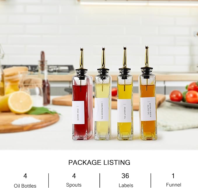 sweet grain Olive Oil Dispenser Bottle for Kitchen(4 Pack) - 17oz/500ml Oil And Vinegar Dispenser with 36 Labels and Silicone Funnel, Glass Soy Sauce Dispenser - Gold