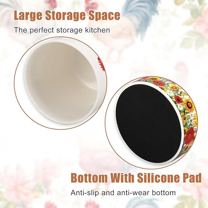 JarThenaAMCS Vintage Rooster Sunflower Ceramic Utensil Holder Rooster Floral Utensil Crock for Farmhouse Home Kitchen Countertop Storage Organizer Container