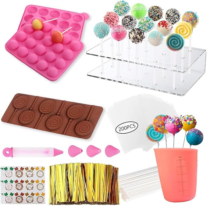 717PCS Cake Pop Molds Kit, Lollipop Cake Pop Maker Set with Cake Pop Stand, Cake Pop Sticks and Wrappers, Decorating Pen, 4 Piping Tips, Measuring Cup