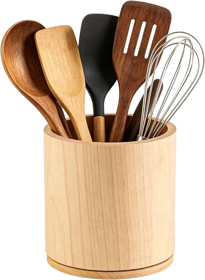 Pine Wood Utensil Holder 360°Rotating Anti-Tip Design for Kitchen Counter,Cooking Utensil Crock for Countertop , Large Utensil Organizer for Spatula (Pine wood)