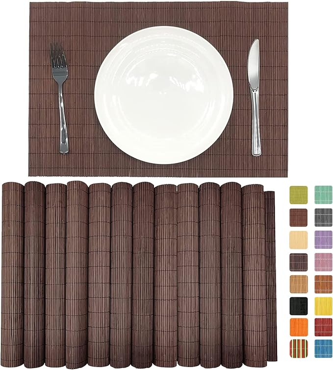 Set of 12 Pcs Bamboo Placemats Natural Anti-Slip Bamboo Placemats Washable Heat-Resistant Table Mats for Dining Room and Kitchen(Chocolate)