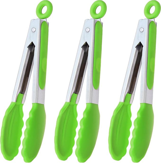 HINMAY Mini Tongs with Silicone Tips 7 Inches Silicone Cooking Tongs, Set of 3 (Green)