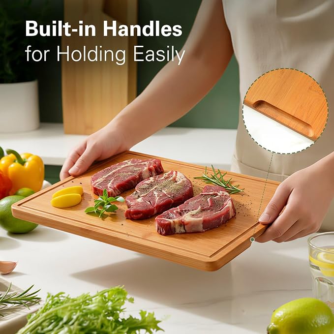 Zarler Bamboo Cutting Boards for Kitchen, 15.5x10.5 Wood Cutting Board with Juice Grooves and Handle, Wooden Chopping Board Set for Meal Prep, 500℉ Carbonized Bamboo, XL Size, Ideal Kitchen Gift