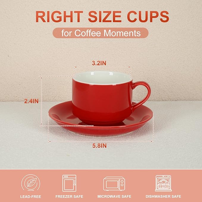 8 Ounce Cappuccino Cups Set of 4, Stackable Cappuccino Mugs, Includes Display Stand, Cups Saucers, and Spoons, for Machines & Home Use, Red, Gold Tone