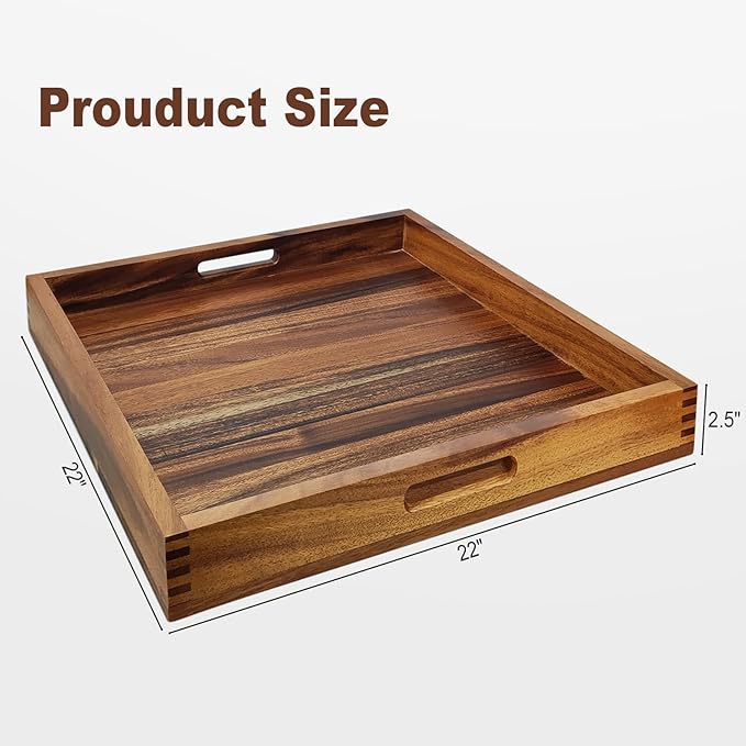 22x22Inches Walnut Wooden Ottoman Tray with Handles,Square Coffee Table Serving Tray for Home Decor,Couch Table for Party,Patio Breakfast Trays for Bed no Legs