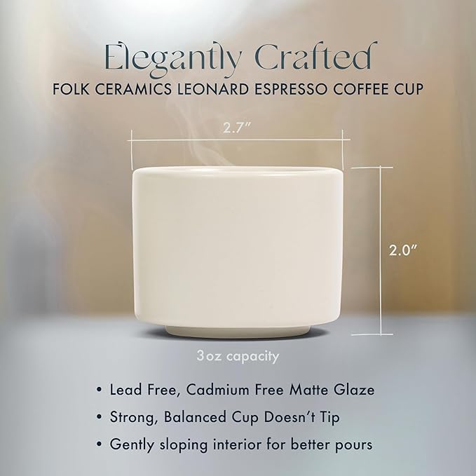 Folk Ceramics Leonard Ceramic Espresso Cups | Modern Stackable Demitasse Mugs for Espresso | Thick Walled, Handleless, Durable, Dishwasher & Microwave Safe | Set of 2, 3oz | Fog Grey