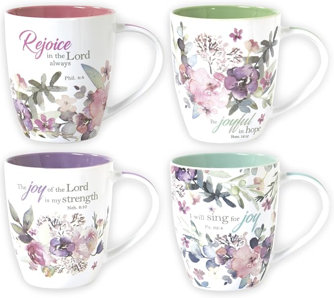 Christian Art Gifts Ceramic Coffee or Tea Mug Set for Women, Rejoice Watercolor Flowers Design Bible Verse Mug Set, Boxed Set of 4 Coffee Cups