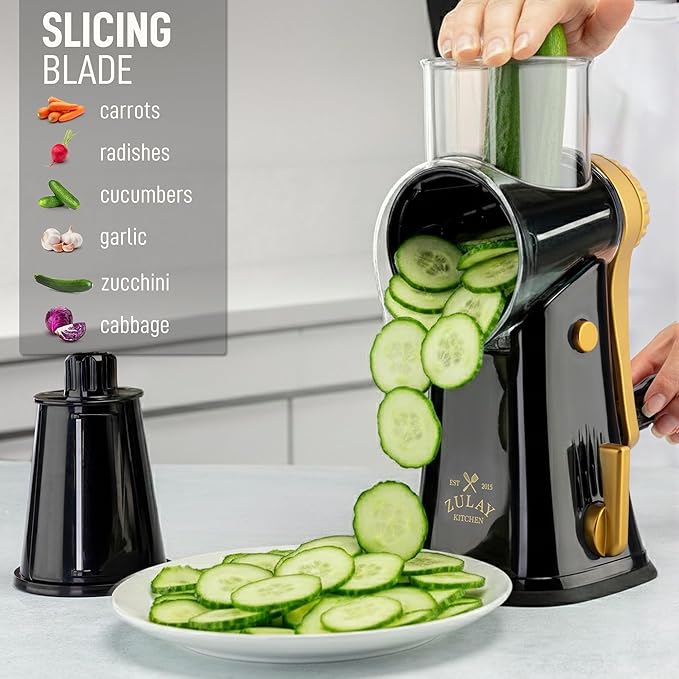 Zulay Kitchen Rotary Cheese Grater 5 Blade Cheese Shredder - Manual Hand Crank Cheese Grater With Reinforced Suction & 5 Interchangeable Drums - Easy to Use, Vegetable Chopper Round Mandoline Slicer
