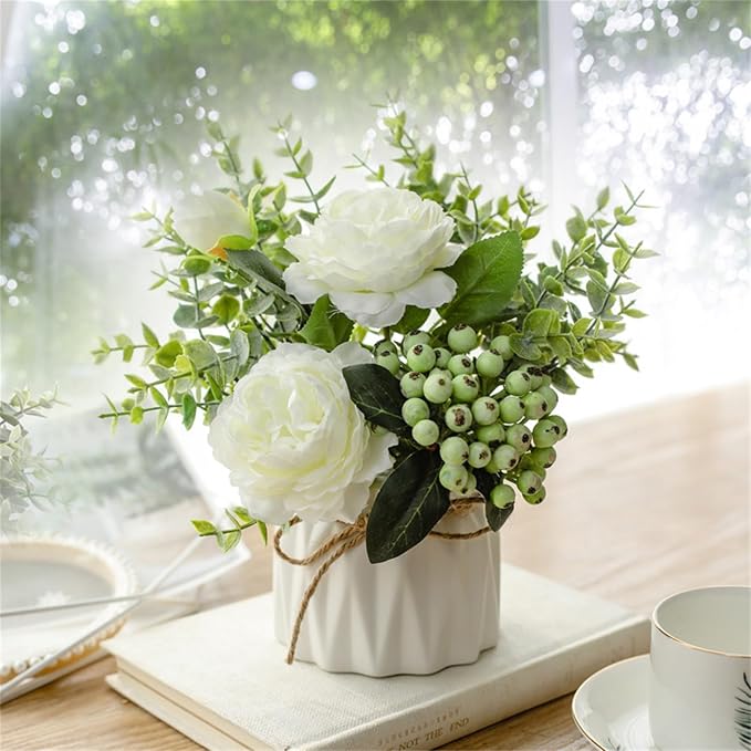 EOBTAIN Fake Flowers in Vase for Coffee Table Decor Faux Potted White Silk Flowers Decoration for Indoor Ceramic Vase with Artificial Plants Flowers Home Decor,Dining Table Centerpiece.