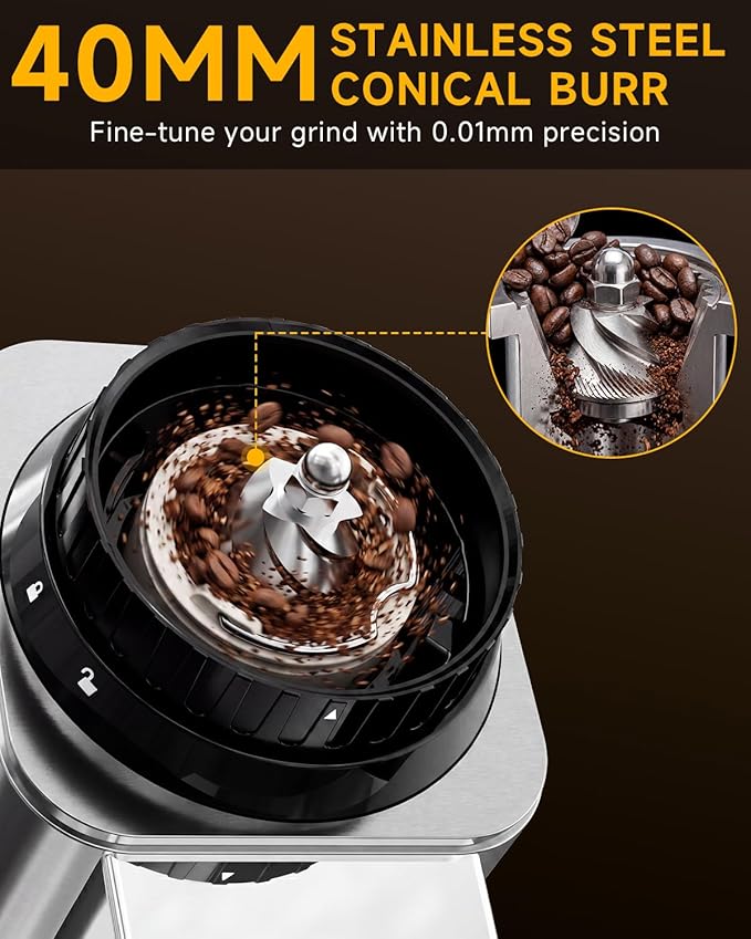 IAGREEA Conical Burr Coffee Grinder, 48 Grind Settings, 450RPM Low-Speed Anti-Static, Precision Timer, Portafilter Holder for Espresso, Drip, French Press, Cold Brew, Stainless Steel