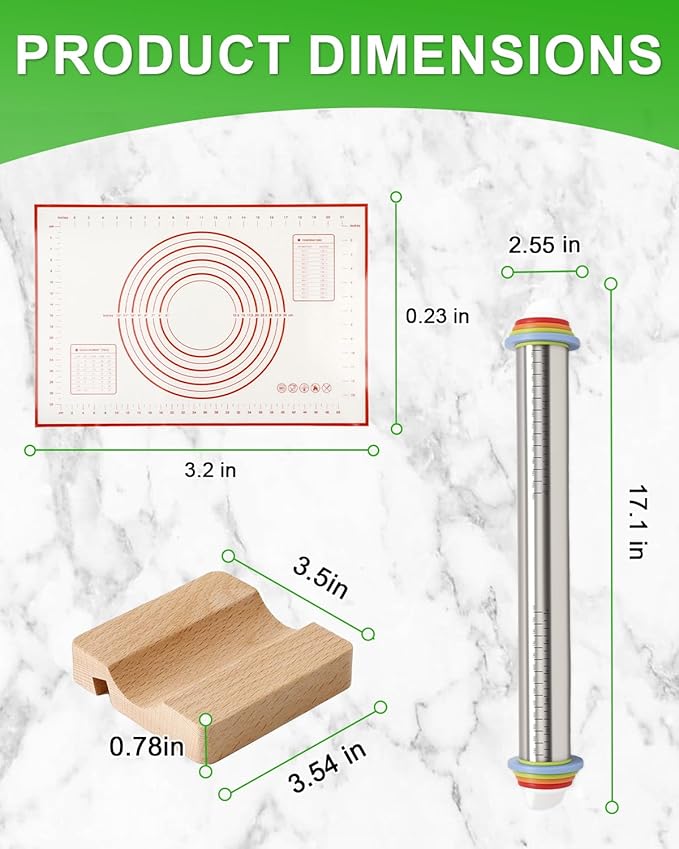 Adjustable Stainless Steel Rolling Pin with Thickness Rings for Baking, Dough Roller Pins for Cookie Decorating Baking Supplies with 1PCS Silicone Pastry Mat & 1PCS Rolling Pin Holder