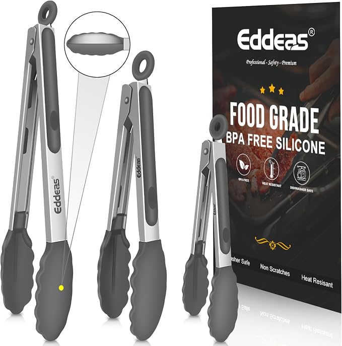 Kitchen Tongs with Silicone Tips - Heat Resistant 600 Degrees Stainless Steel Locking Cooking Tongs with Rubber Tips, Non-Stick Food Tongs for Cooking, Heavy Duty, Set of 3-7" 9" and 12" Grey