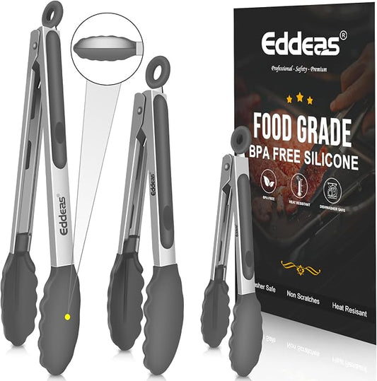 Kitchen Tongs with Silicone Tips - Heat Resistant 600 Degrees Stainless Steel Locking Cooking Tongs with Rubber Tips, Non-Stick Food Tongs for Cooking, Heavy Duty, Set of 3-7" 9" and 12" Grey