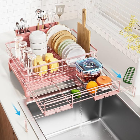 Laveshop Dish Drying Rack - Expandable Rack, Large Capacity Dish Drainer for Kitchen Counter, Rust-Proof with Utensil Holder, Pink