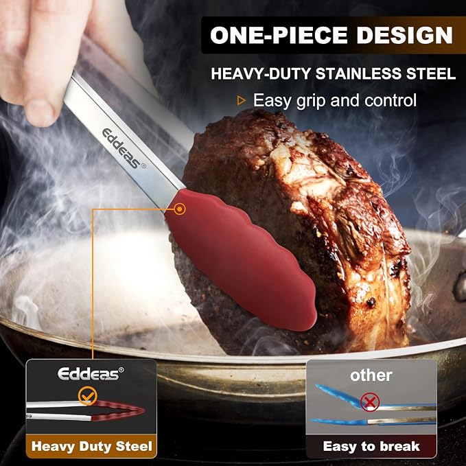Tongs For Cooking - Silicone Metal Kitchen Tong 7" 9" & 12" Red | 600°F Heat Resistant Silicone Tong, All Metal handle Locking Tongs with Silicone Tips, Heavy Duty Stainless steel