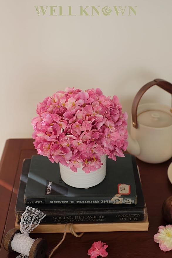 Pink Hydrangea Fake Flowers in Vase, Spring Artificial Flowers with White Ceramic Vase, Small Faux Potted Floral Arrangements for Home Bathroom Kitchen Vanity Shelf Coffee Table Centerpiece Decor Gift