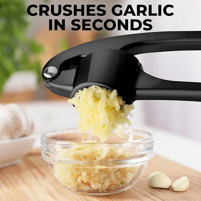 Zulay Kitchen Large Premium Garlic Press Set - Bigger Bowl for Bigger Garlic - Rust Proof Garlic Mincer Tool - Easy-Squeeze, Easy-Clean Silicone Garlic Peeler & Brush (Black)