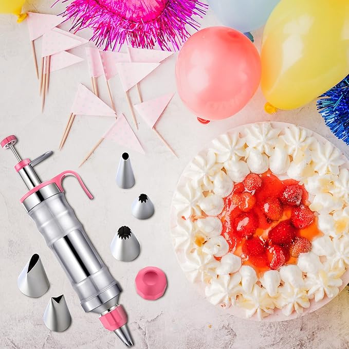 Patelai Cake Decorating Syringe Set, Stainless Steels Dessert Frosting Piping Kit with 6 Icing Piping Tips 3 Cream Scraper for Cupcake Decorating Tools(Pink)