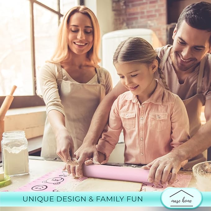 [mase home] Silicone Rolling Pin for Baking – 17" Non-Stick Dough Roller with Wooden Handles (Pink)