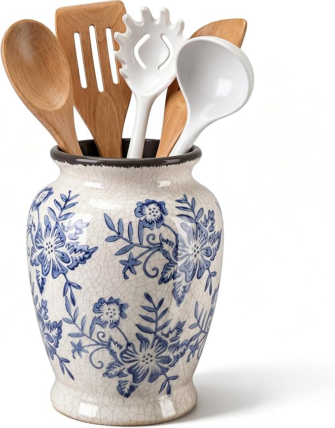 8 Inch Ceramic Utensil Holder for Kitchen Counter, Modern Vintage Farmhouse Rustic Cooking Utensil Crock for Countertop Cooking & Spoon Tools, Vintage Kitchen Counter Decor
