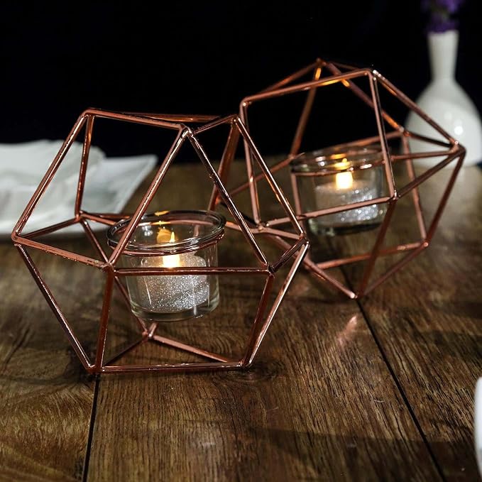 Efavormart 11.5" Rose Gold Geometric Candle Holder Set 2 Metal Geometric Centerpieces Joint Together