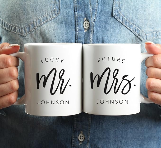 Andaz Press Personalized Name 11oz. Ceramic Ceramic Valentines Day Coffee Mugs Wedding Anniversary Couples Gift Set, Lucky Mr. Johnson, Future Mrs. Johnson, Script Style, 2-Pack, Long Distance Gift