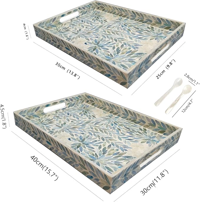 i-lan Set of 2 Mother of Pearl Serving Trays (16" & 14") with 2 Caviar Spoons – Rectangular Wooden Ottoman Tray with Sea Shell Inlay – Decorative Nesting Platters for Coffee Table, Vanity & Breakfast