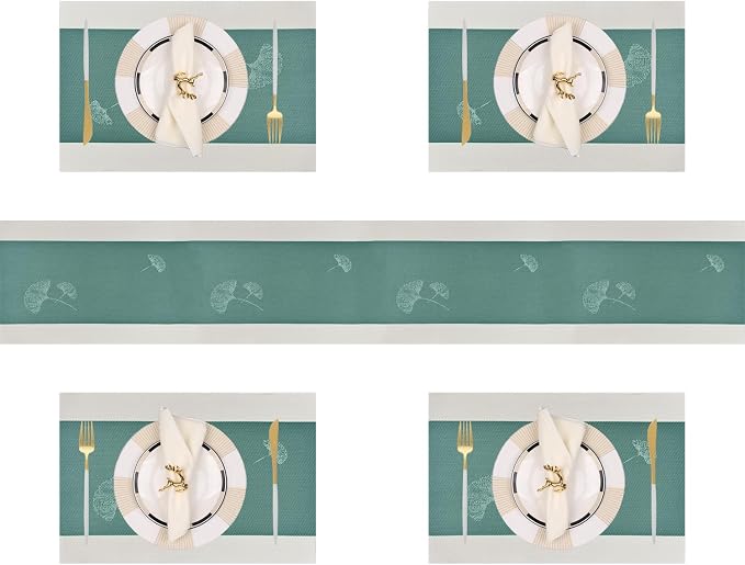 PIGCHCY Elegant Placemats with Matching Table Runner,Washable Durable Plastic Placemats for Dining Table Sets(6pcs Placemats+1pcs Table Runner, Green)