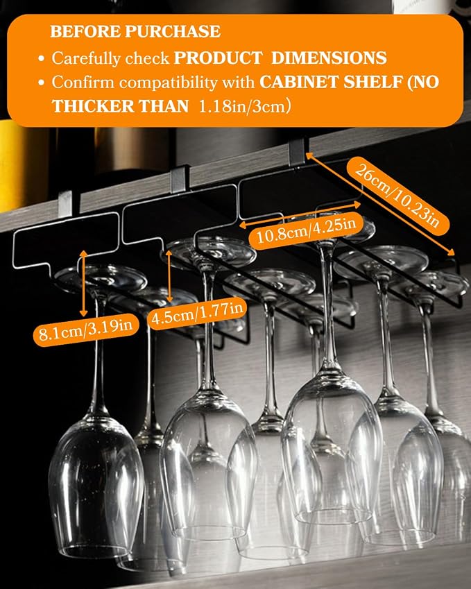 LINFIDITE Wine Glass Holder 2PCS Stemware Rack Hanger Under Cabinet Wine Glass Rack Kitchen Hanging Storage Rack Organizer,Black (For Partition Thickness under 1.18")