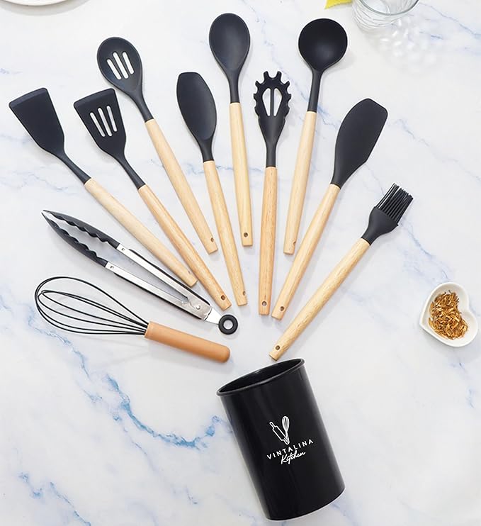 Silicone Cooking Kitchen Utensils Set – BPA‑Free, Non‑Toxic, Non-Stick, Heat‑Resistant to 446 °F, Non‑Scratch Wooden Handles + Utensil Holder (Black)