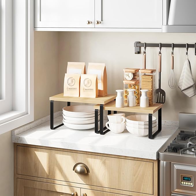HOOBRO Cabinet Organizer Shelf, Set of 2, Kitchen Countertop Organizer, Kitchen Countertop Shelf, Spice Rack for Counter, Stackable, Expandable for Cabinet, Kitchen, Natural and Black BN33TL01
